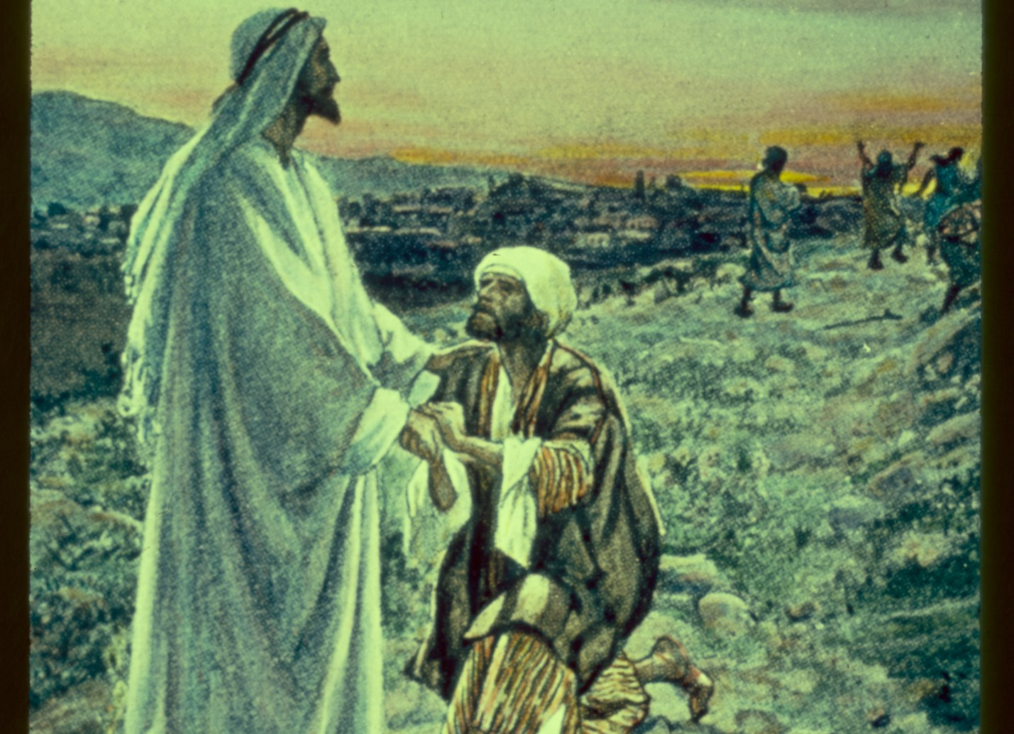 Luke 17:11-19. Jesus, having cleansed ten lepers, is grieved that but one returneth to give thanks, and he a stranger