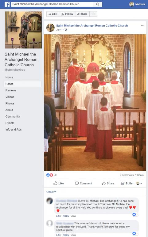 Screenshot of St Michael the Archangel Facebook showing a comment identifying the priest as Tetherow (fair use)