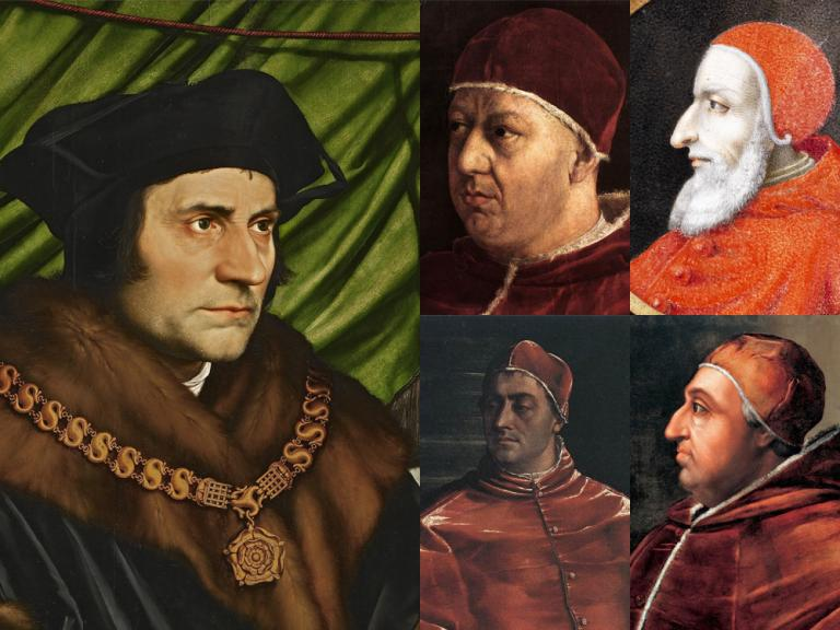 Thomas More with Leo X, Julius II, Clement VII and Alexander VI (all public domain via Wikimedia)