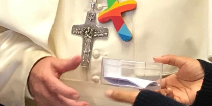 Pope Francis wearing Rainbow Cross (from Vatican News – Fair use as the article is about the cross)