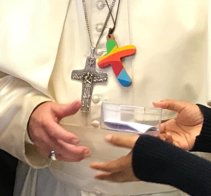 Pope Francis wearing Rainbow Cross (from Vatican News – Fair use as the article is about the cross)