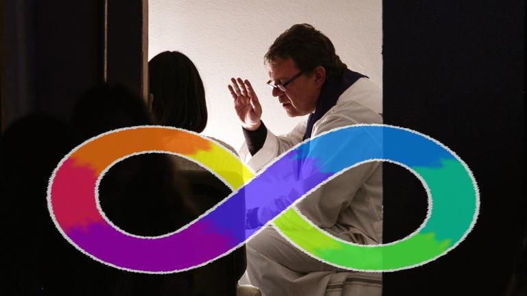 A priest confessing with the autistic infinity symbol (Photo: CC0 Josh Applegate, Unsplash; infinity and composed image, own work)