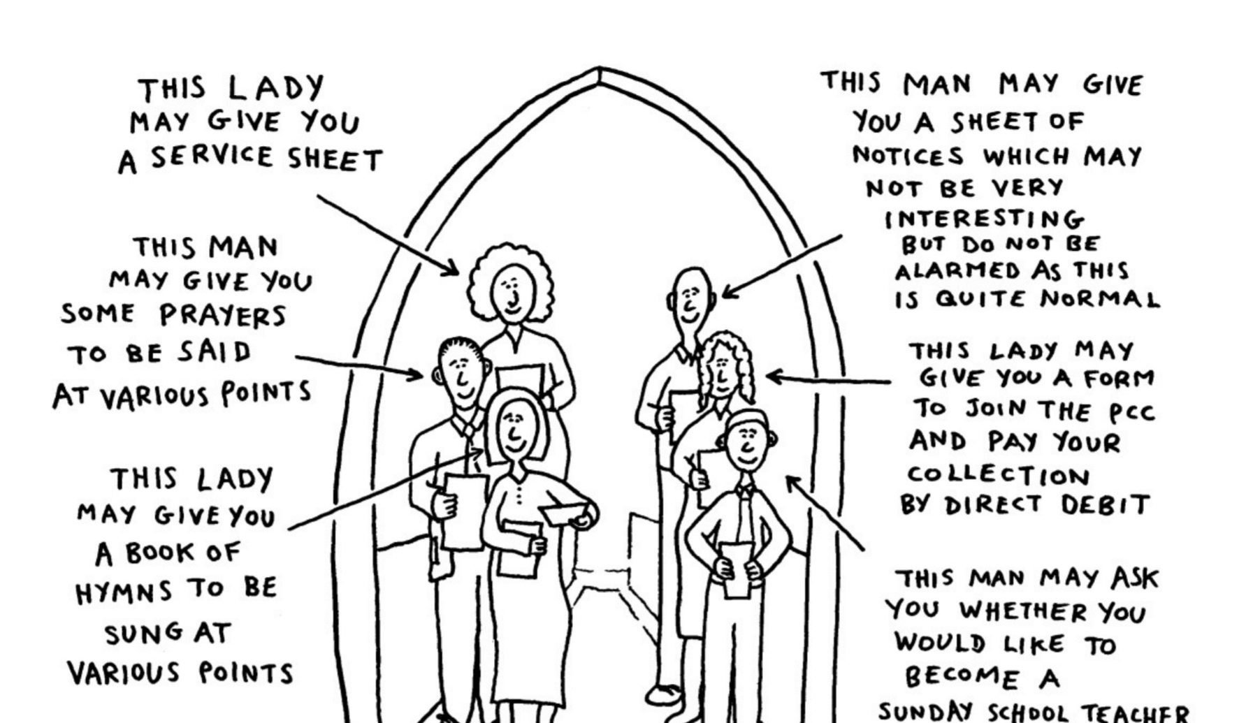 Things you could be given on your way into Church. An example of the illustrations this guide has for church interactions