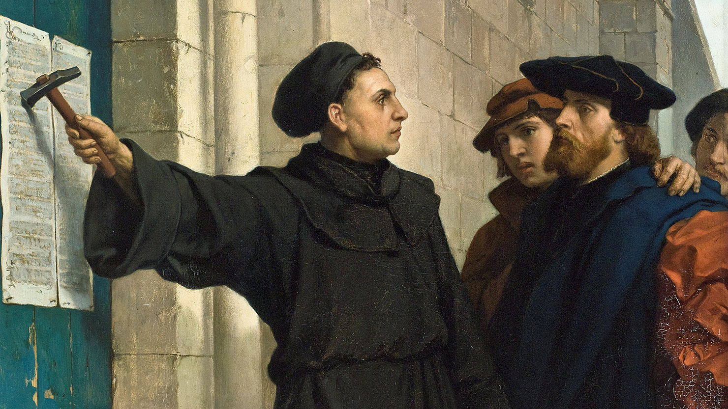 Luther hammers his 95 theses to the door by Ferdinand Pauwel 1872 (CC0)