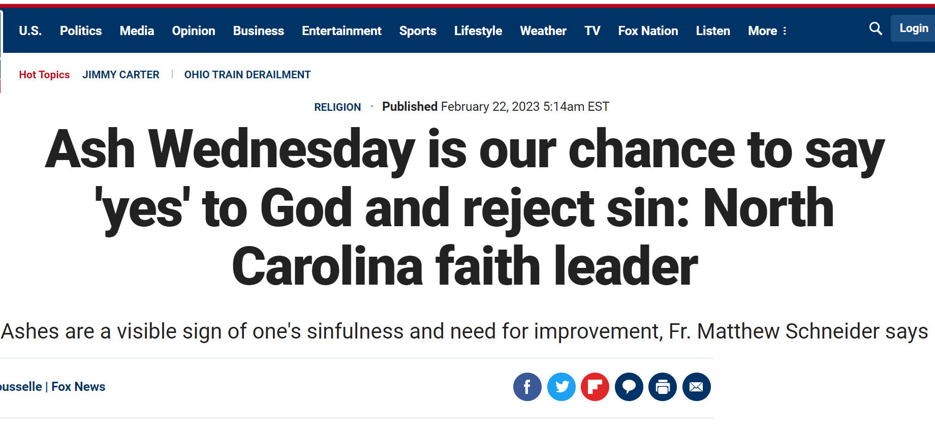 Ash Wednesday Headline on Fox News